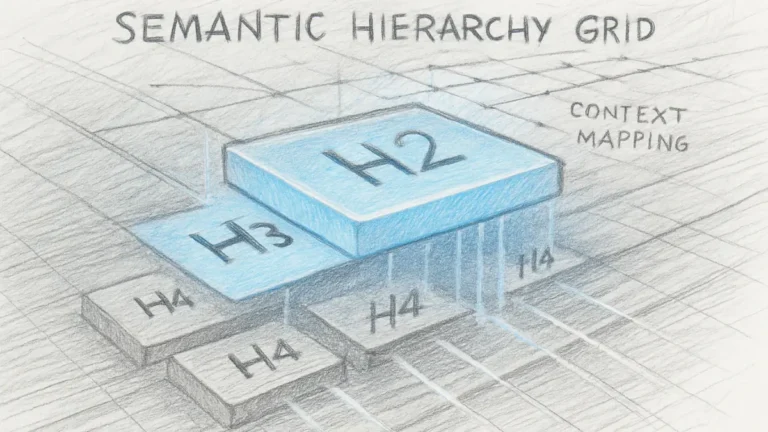 Semantic hierarchy grid illustrating heading optimization techniques through layered H2–H3–H4 structure in pencil sketch style.