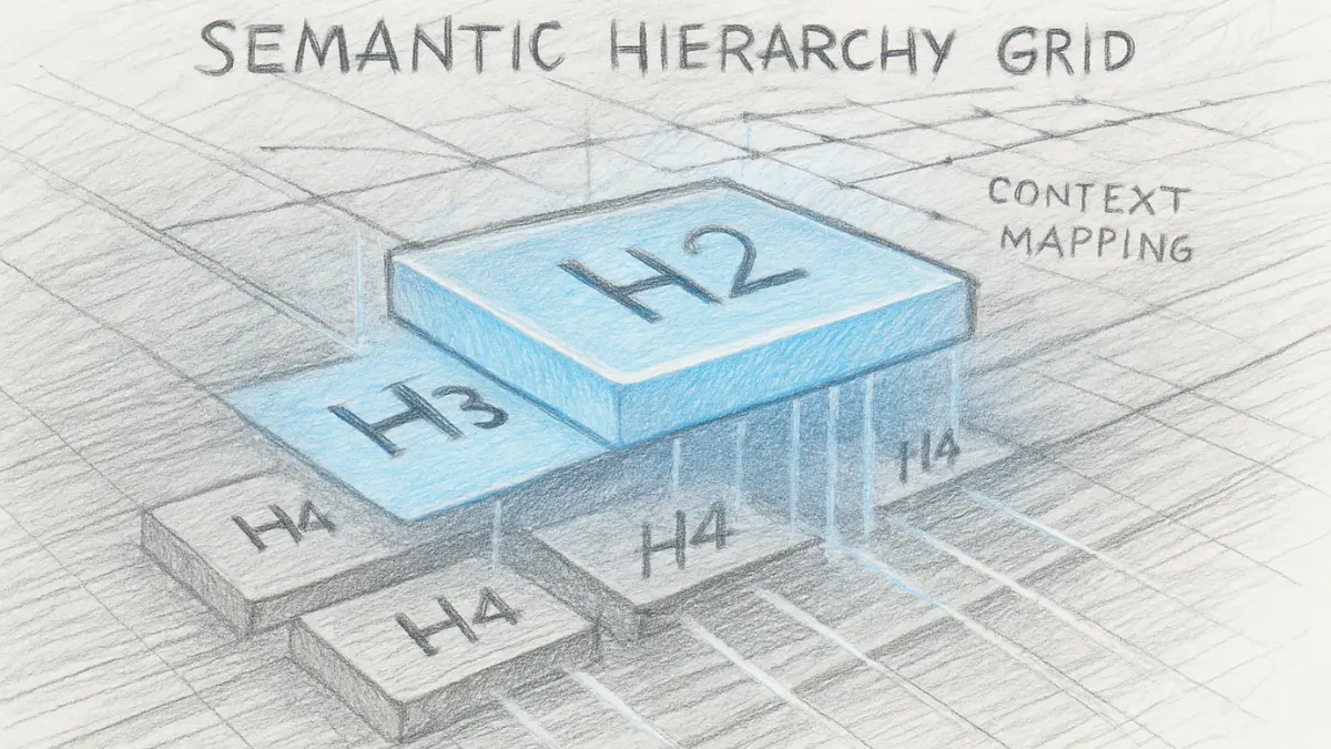 Semantic hierarchy grid illustrating heading optimization techniques through layered H2–H3–H4 structure in pencil sketch style.