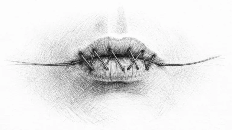 stitched mouth under tension blocking expression