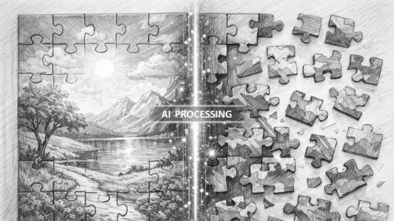 AI content reconstruction failure illustrated as broken puzzle structure